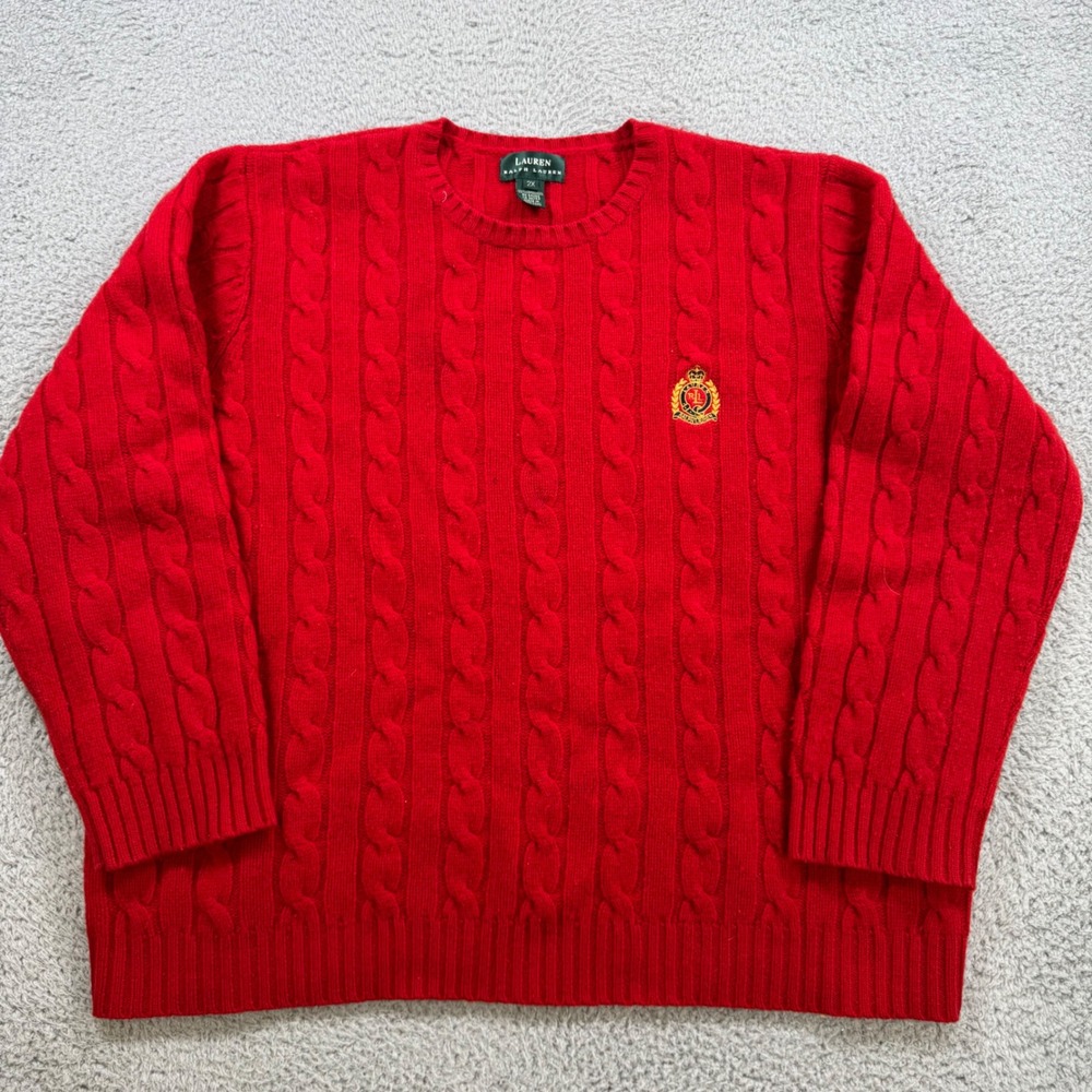 Lauren Ralph Lauren Red 100% Lambswool Cable Knit Crest Sweater Womens 2X
